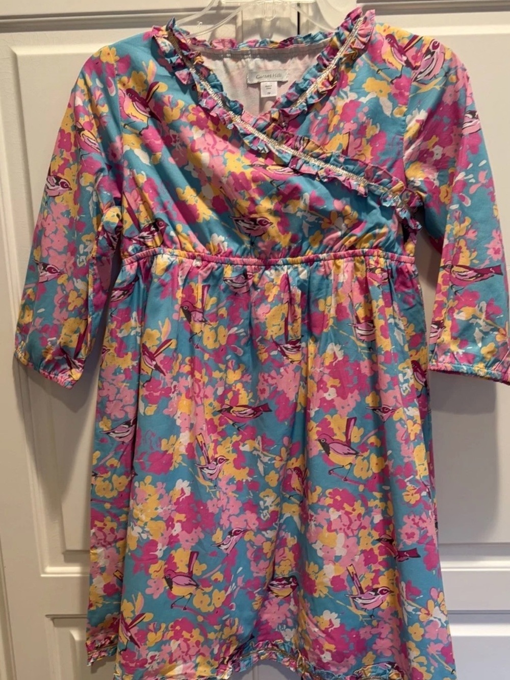 NWT 12 Garnet Hill Dress w/ Pink Yellow & Turquoise Floral Bird Print